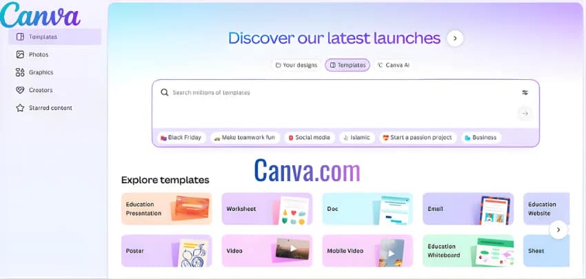 هذه لقطة شاشة لموقع Canva. في أعلى الشاشة، يوجد شريط بحث للبحث عن القوالب. فيما يلي فئات القوالب المختلفة: عرض تقديمي تعليمي، وملصق، وفيديو، وغيرها.