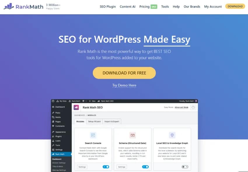 موقع Rank Math برأسية زرقاء كبيرة تُبرز "تحسين محركات البحث لـ WordPress بسهولة". تتضمن الميزات وحداتٍ لـ Google Search Console وإدارة المخططات، بالإضافة إلى واجهة WordPress مُبسّطة، وكلها تهدف إلى تحسين أداء تحسين محركات البحث.
