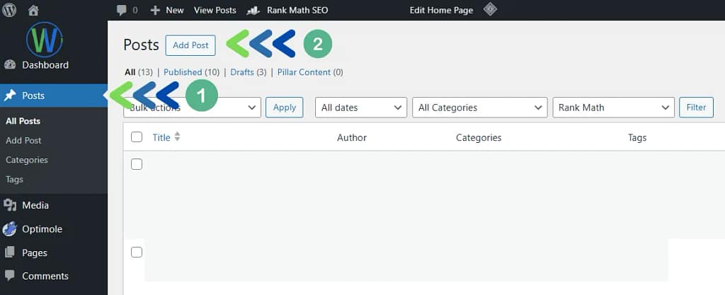 لقطة شاشة للوحة تحكم ووردبريس، مع التركيز على قسم "المنشورات". تشير الأسهم إلى "الإجراءات المجمعة" وخيار "إضافة منشور". يتضمن النص: "الكل (13)، المنشور (10)، المسودات (3)، المحتوى الرئيسي (0)".