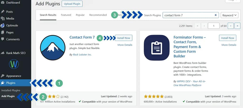 هذه لقطة شاشة لصفحة "إضافة إضافات" في ووردبريس، والتي تتضمن شريط بحث بعنوان "نموذج الاتصال 7". تُعرض قائمة بنتائج البحث مع خيارات لتثبيت أو قراءة تفاصيل إضافات "نموذج الاتصال 7" و"نماذج فورميناتور".