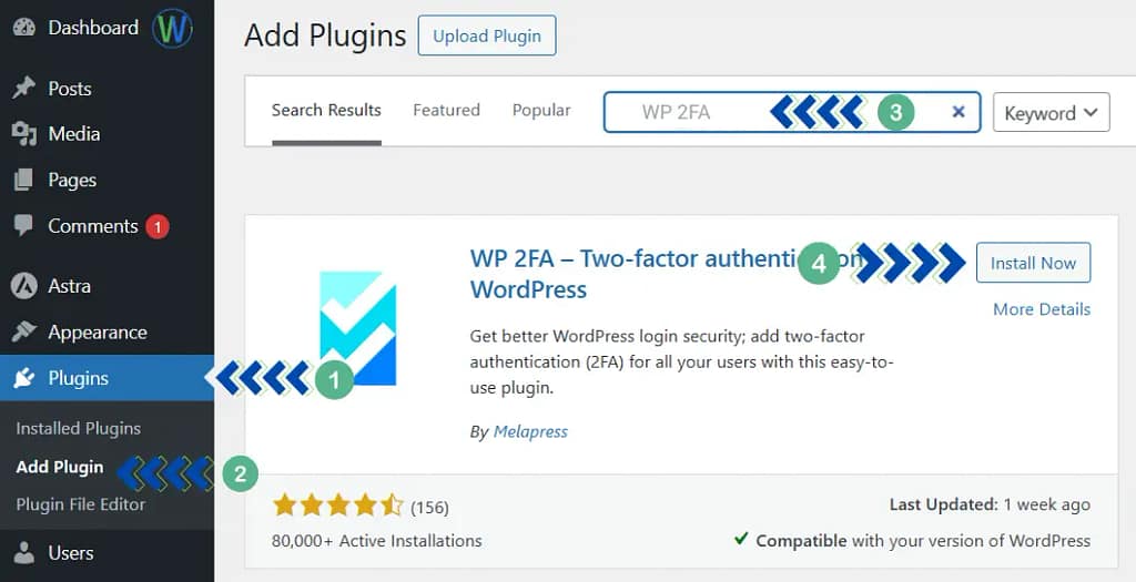 لقطة شاشة لصفحة إضافة الإضافات في ووردبريس. جاري تثبيت إضافة WP 2FA، وهي إضافة للمصادقة الثنائية. "إضافة إضافات، إضافة تحميل، WP 2FA - مصادقة ثنائية".
