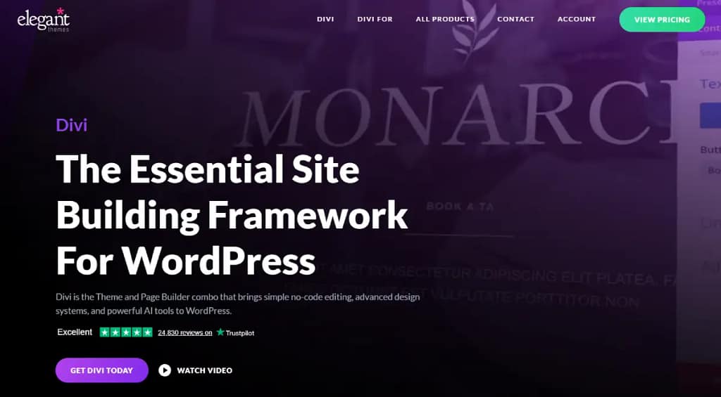 هذه لقطة شاشة لموقع Divi من Elegant Themes. يُوصف Divi بأنه "إطار العمل الأساسي لبناء المواقع على WordPress". تتضمن الصفحة كلمات أخرى مثل "Elegant Themes"، و"Divi"، و"جميع المنتجات"، و"اتصل بنا".