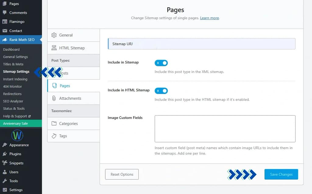 هذه شاشة إعداد موقع إلكتروني. لوحة تحكم Rank Math SEO مفتوحة، مع التركيز على إعدادات "الصفحات" و"التضمين في خريطة الموقع". يذكر النص تغيير إعدادات خريطة الموقع للصفحات الفردية.