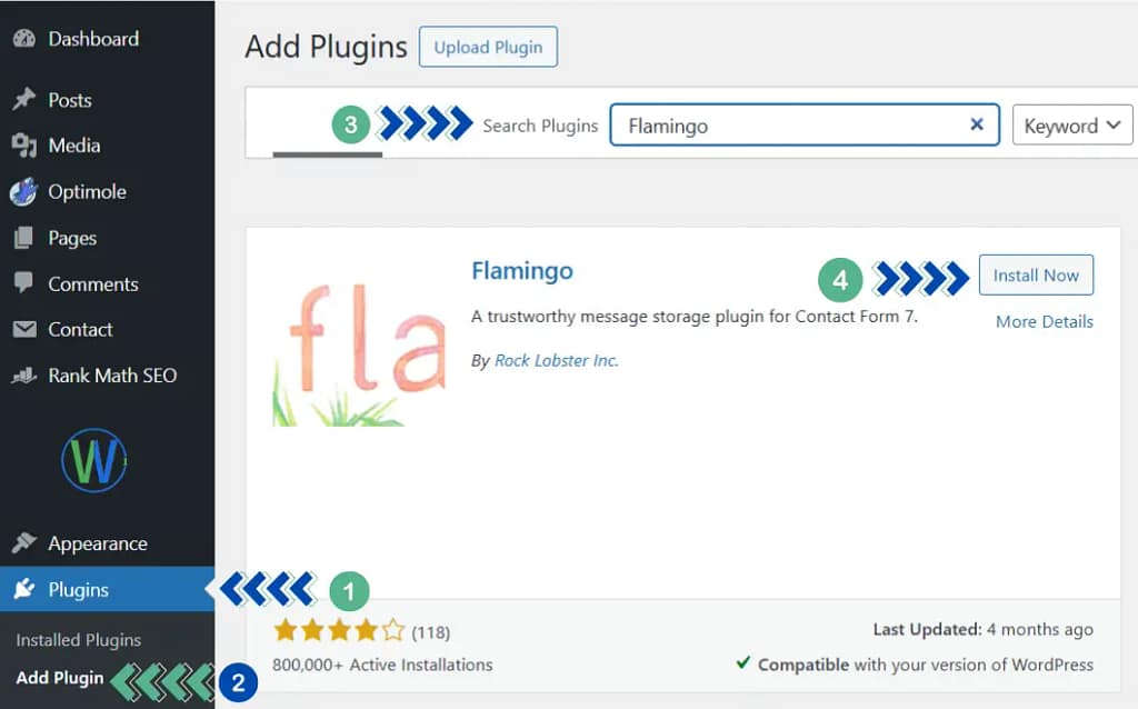 هذه لقطة شاشة لموقع إلكتروني، وتحديدًا صفحة "إضافة إضافات" في ووردبريس. يظهر ملحق "فلامنغو" مع خيارات تثبيت وعرض تفاصيله.