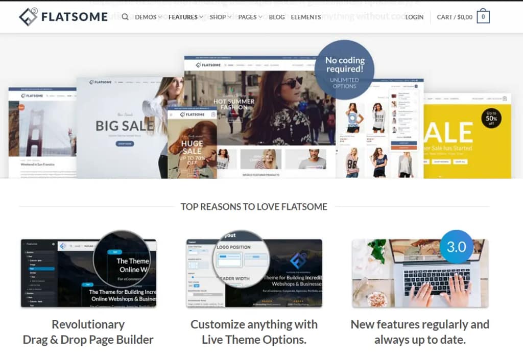 تُظهر الصورة تصميم موقع إلكتروني بألوان فاتحة. وتتضمن عرض شرائح لعروض توضيحية للموقع، ولقطات شاشة لميزاته، مثل مُنشئ الصفحات بالسحب والإفلات، وخيارات القالب المباشرة، والتحديثات الدورية. شعار الموقع هو "FLATSOME".