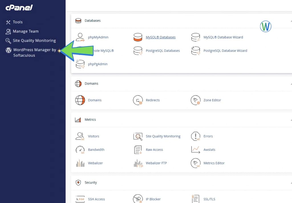 A cPanel dashboard with tools and features to manage a website, and a blue arrow indicates the WordPress manager by Softaculous. Available features include databases, domains, metrics, and security.