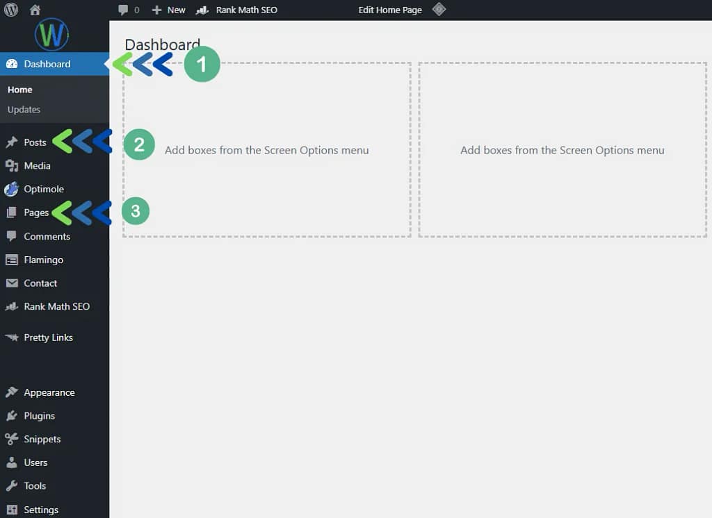 لوحة تحكم موقع ووردبريس مع شريط جانبي. يُشير محتوى لوحة التحكم إلى "إضافة مربعات من قائمة خيارات الشاشة". تتضمن هذه المربعات: لوحة التحكم، والمنشورات، والصفحات.