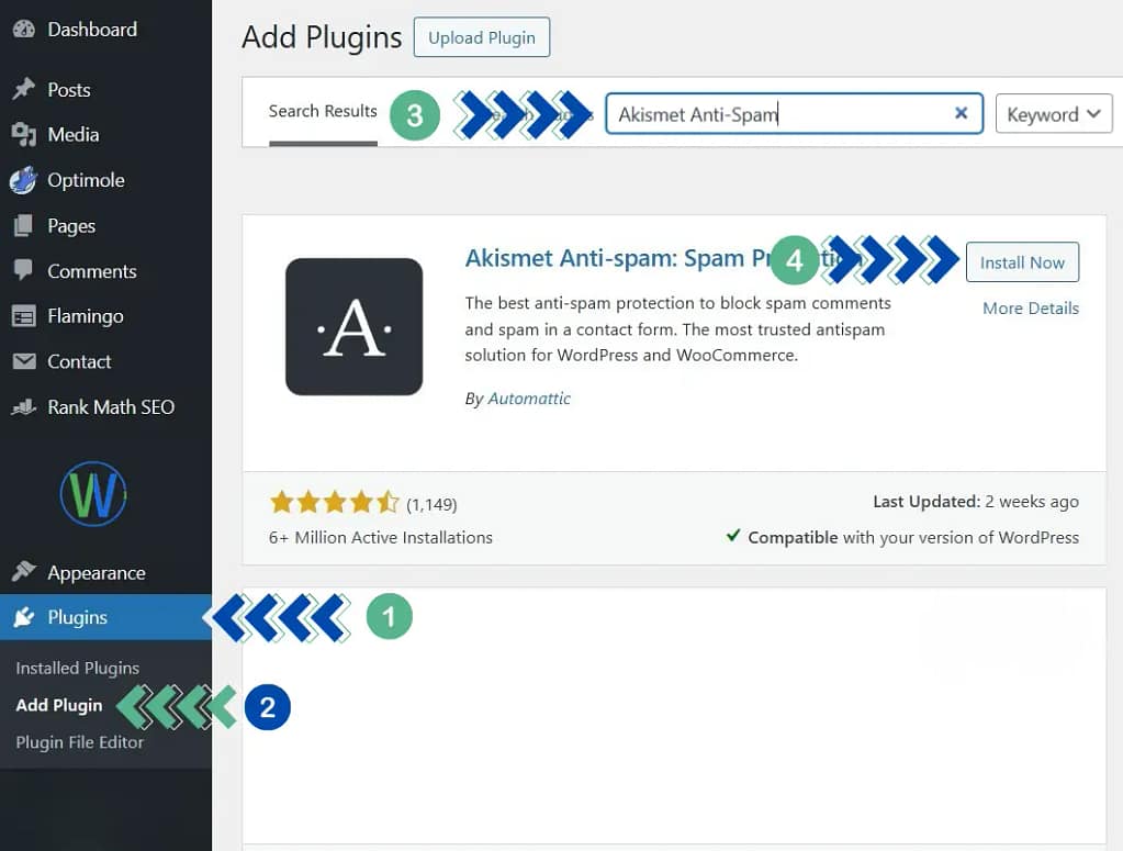لوحة تحكم تعرض خيارات الإضافات. تظهر صفحة "إضافة إضافات"، مع شريط بحث، وإضافة "Akismet Anti-spam". الأرقام متراكبة، مع عرض قائمة التنقل بالأرقام 1، 2، 3، 4.