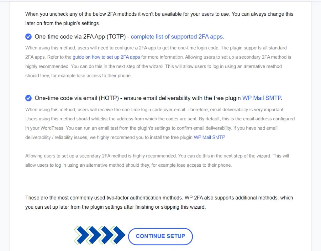لقطة شاشة من موقع إلكتروني تُظهر إعدادات المصادقة الثنائية. خياران مُختاران مسبقًا: تطبيق المصادقة الثنائية والبريد الإلكتروني، ويوجد زر "متابعة الإعداد" في الأسفل.