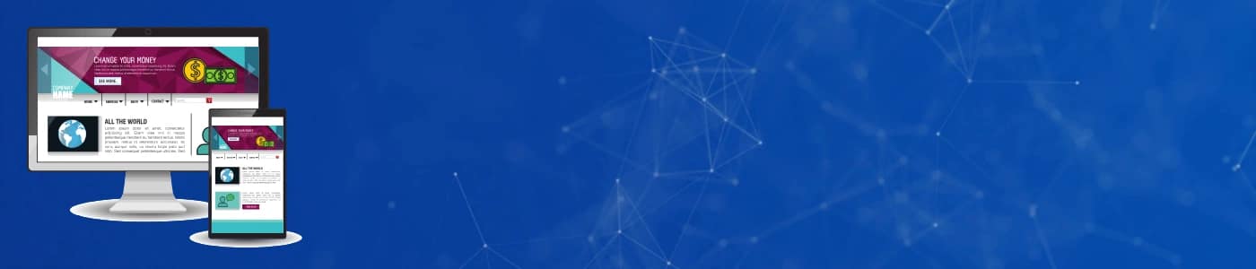 برنامج تصميم مواقع ويب مُصمم على خلفية زرقاء زاهية متدرجة. شعار "نحن مصممون" مُضاف إلى صفحة نموذجية تُظهر جسر البوابة الذهبية في سان فرانسيسكو.