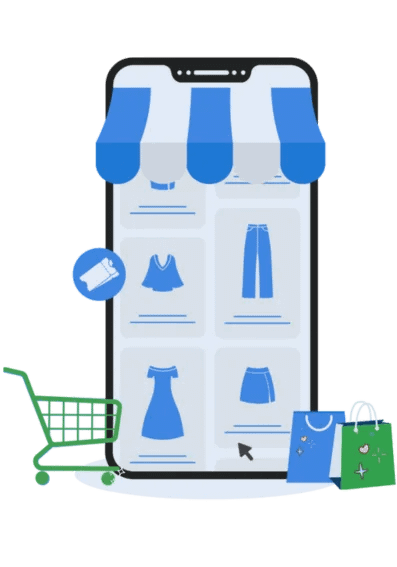 يعرض هاتف ذكي متجر ملابس إلكترونيًا. تظهر عربة تسوق وأكياس تسوق في الأسفل، دلالةً على إتمام عملية شراء.