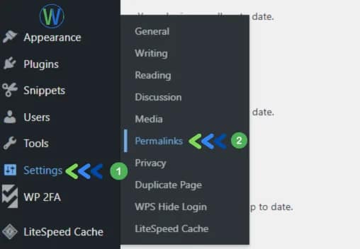 هذه صورة للوحة إعدادات موقع ويب. قائمة الإعدادات مُميّزة، مع خيار "الروابط الدائمة" مُفعّل أيضًا. "عام، كتابة، قراءة، نقاش، وسائط، روابط دائمة <<<<<، خصوصية، صفحة مُكرّرة، إخفاء تسجيل الدخول عبر WPS، ذاكرة التخزين المؤقت LiteSpeed"