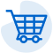 الصورة عبارة عن رسم تخطيطي بسيط لعربة تسوق. باللون الأزرق مع إطار أبيض، متمركز على خلفية سوداء. أيقونة رائعة للتجارة الإلكترونية.