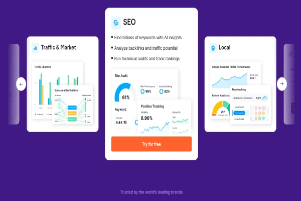 Website screenshot with 3 product widgets. Widgets include charts, graphs and a "Try for free" button. SEO, Traffic & Market and Local are featured.

