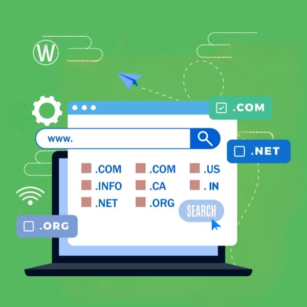 تُظهر صورة متجهة جهاز كمبيوتر محمولًا يعرض لاحقات نطاق مثل .com و.net و.org. يحتوي شريط البحث على الشاشة على "www"، مع أيقونة عدسة مكبرة وزر "بحث". يتضمن النص "www. Q .NET .COM .US .INFO .CA .IN .ORG SEARCH .ORG".