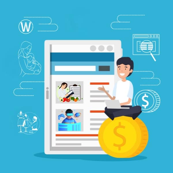 رسم توضيحي لواجهة موقع إلكتروني تتضمن أخبارًا، وشخصًا يجلس على عملات معدنية وبيده حاسوب محمول. يبدو أن الموضوع مرتبط بالأعمال التجارية عبر الإنترنت.