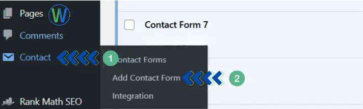 يعرض موقع ووردبريس خيارات لخيار "الاتصال"، بما في ذلك "نماذج الاتصال" و"إضافة نموذج اتصال" و"التكامل". يظهر خيار "نموذج الاتصال 7" في أعلى القائمة.