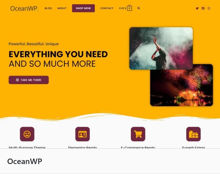 موقع إلكتروني بتصميم أصفر وأبيض، يعرض صورًا للألعاب النارية وشخصًا على خشبة المسرح. يقول الموقع: "OceanWP. قوي. جميل. فريد، كل ما تحتاجه وأكثر بكثير". ترتبط الأيقونات بقالب متعدد الاستخدامات، وجاهز لـ Elementor، وجاهز للتجارة الإلكترونية، وإضافات رائعة.
