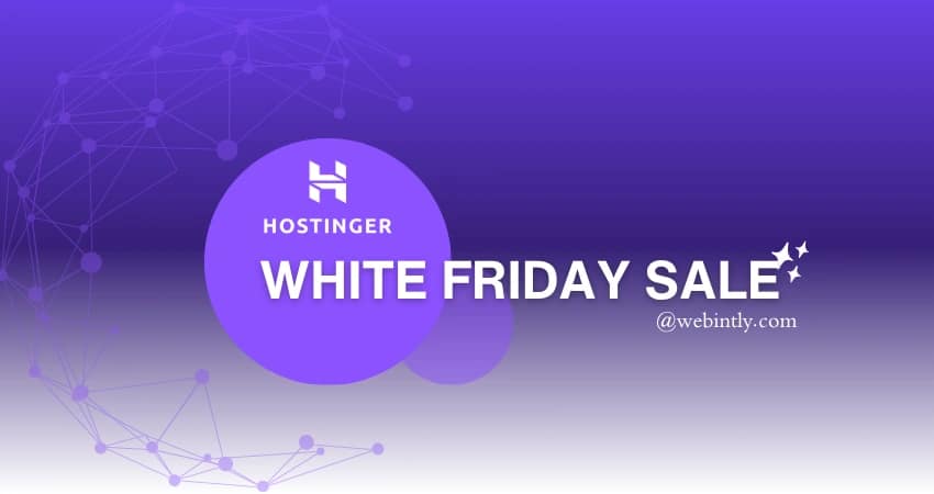 إعلان تخفيضات الجمعة البيضاء من هوستينجر، باللونين الأرجواني والأبيض. يظهر فيه شعار الشركة، ونمط خلفية شبكية، ونص "تخفيضات الجمعة البيضاء @webintly.com".