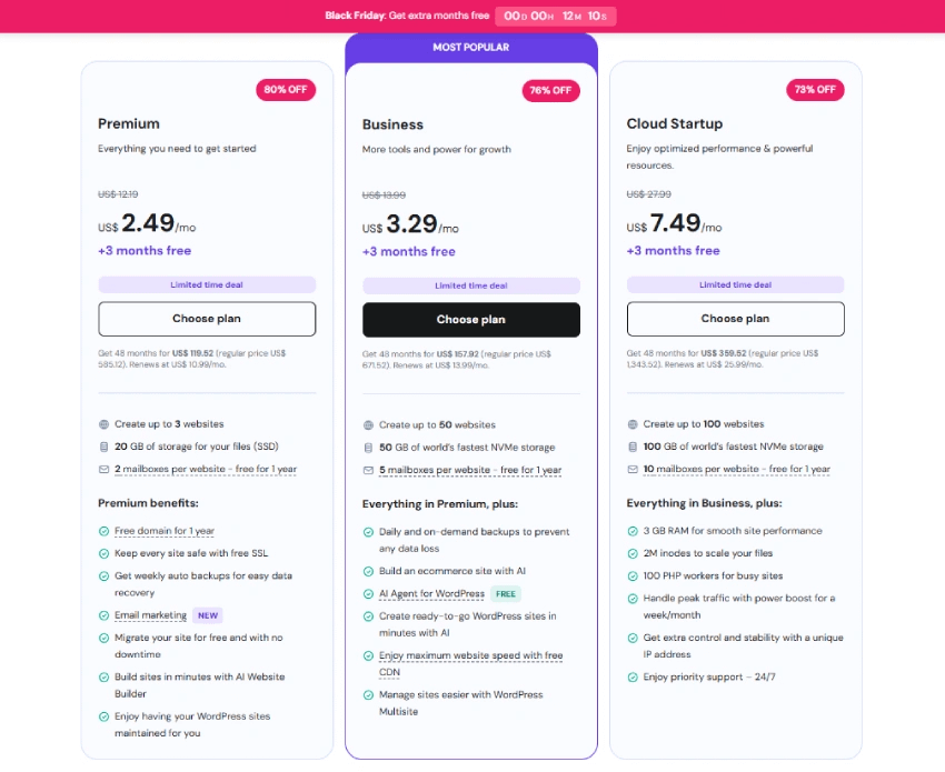 Website pricing plans are displayed in three columns: Premium, Business (most popular), and Cloud Startup. Each tier lists features, storage, mailboxes, and benefits.