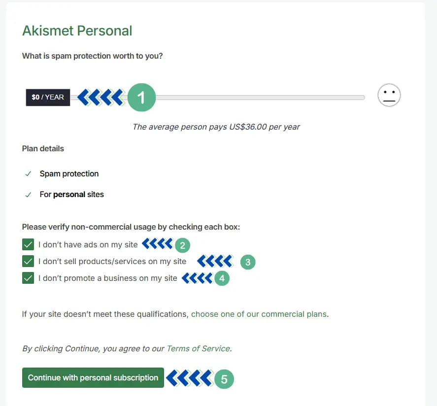 صفحة ويب تتضمن عملية تسجيل لخدمة الحماية الشخصية من البريد العشوائي من Akismet. تتحقق من الاستخدام الشخصي من خلال تحديد مربعات الاختيار "لا أضع إعلانات على موقعي"، و"لا أبيع منتجات/خدمات على موقعي"، و"لا أروج لأي نشاط تجاري على موقعي".