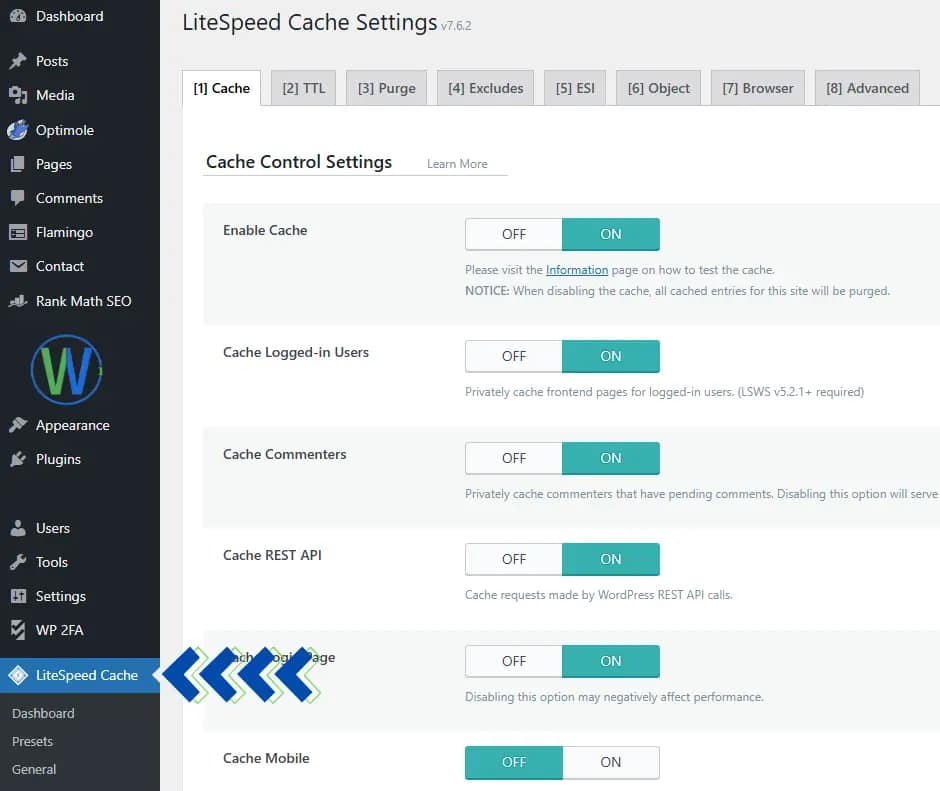 تُظهر الصورة إعدادات ذاكرة التخزين المؤقت LiteSpeed ​​مع علامات تبويب مثل ذاكرة التخزين المؤقت، وTTL، وPurge، وAdvanced. ضمن إعدادات التحكم في ذاكرة التخزين المؤقت، تم تفعيل خيارات: تفعيل ذاكرة التخزين المؤقت، والمستخدمون المسجلون في ذاكرة التخزين المؤقت، ومعلقو ذاكرة التخزين المؤقت. تشمل الإعدادات الأخرى واجهة برمجة تطبيقات ذاكرة التخزين المؤقت REST، وصفحة تسجيل الدخول إلى ذاكرة التخزين المؤقت، وذاكرة التخزين المؤقت للجوال.