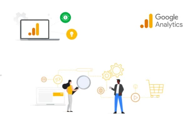 The image is a Google Analytics graphic. It contains a laptop, a person with a magnifying glass, and a person with a tablet, connected by dashed lines. "Google Analytics" is also written in the graphic.