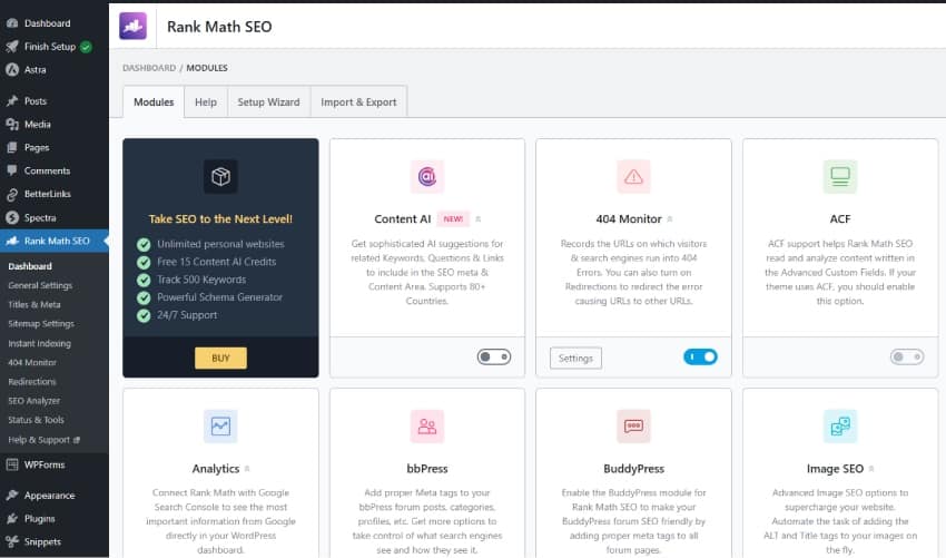 Screenshot of the module options for the Rank Math SEO plugin. This includes items like Content AI, 404 Monitor, Analytics, and Instant Indexing with toggles to enable.