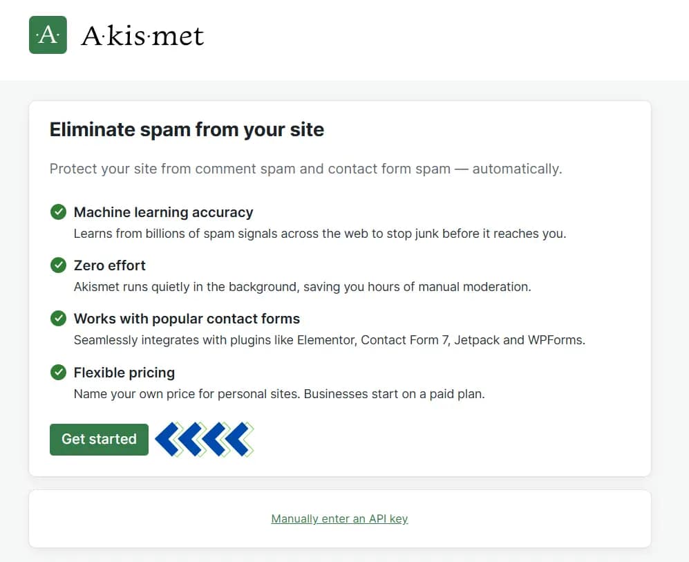 هذه الصورة لقطة شاشة لبرنامج أكيسميت، برنامج مكافحة البريد العشوائي، من أحد المواقع الإلكترونية. يظهر الشعار في الزاوية العلوية اليسرى، وعنوان "تخلص من البريد العشوائي من موقعك"، وزر "ابدأ".