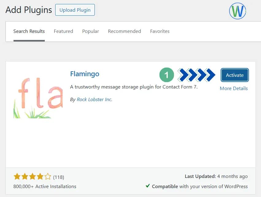 الصورة عبارة عن صفحة إضافات ووردبريس. إنها صفحة "إضافة إضافات" حيث يمكن للمستخدم البحث عن إضافات جديدة وتحميلها وتفعيلها. في هذه الحالة، تظهر إضافة "فلامينجو" جاهزة للتفعيل.