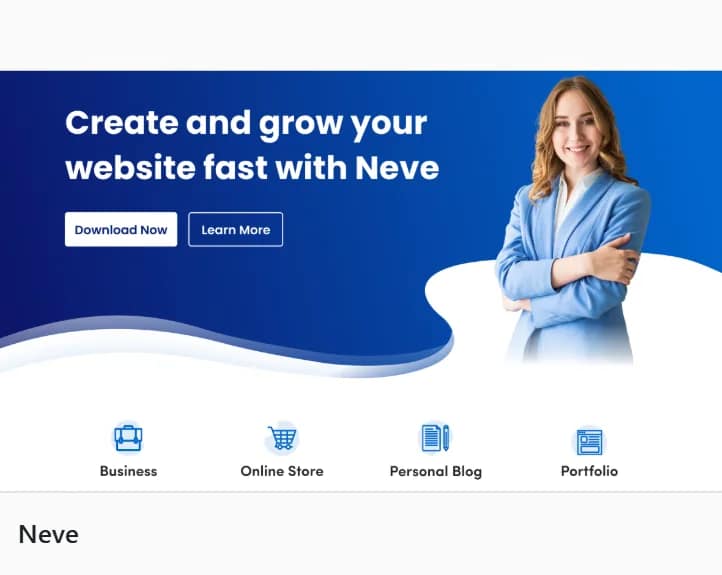 يُظهر إعلانٌ لموقع نيف الإلكتروني امرأةً مبتسمةً على خلفية زرقاء وبيضاء، مع أزرار "التنزيل الآن" أو "معرفة المزيد". أسفلها أيقونات صغيرة وعناوين "أعمال تجارية، متجر إلكتروني، مدونة شخصية، ومحفظة أعمال".